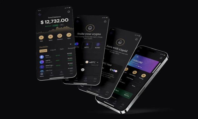 Four mobile phones showing different screens from the Ether.fi app. (Ether.fi)
