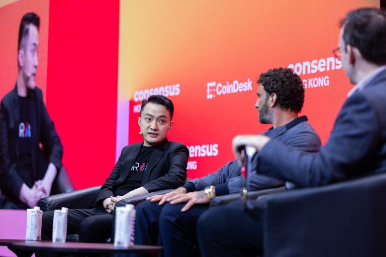 Justin Sun of TRON and Zak Folkman of World Liberty Financial speaks at Consensus Hong Kong 2025 by CoinDesk (CoinDesk/Personae Digital)
