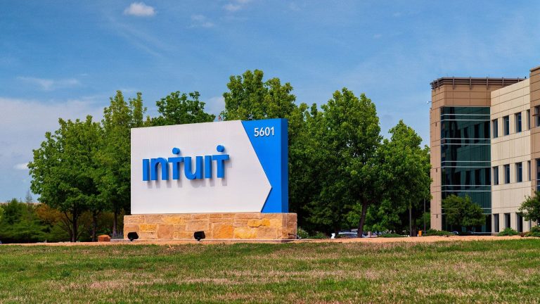 Intuit's logo stands on the lawn outside the software maker's headquarter buildings