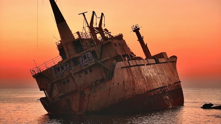 A ship lists to the side as the sun sets.