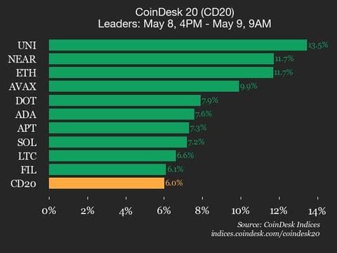 9am CoinDesk 20 Update for 2025-05-09: leaders chart