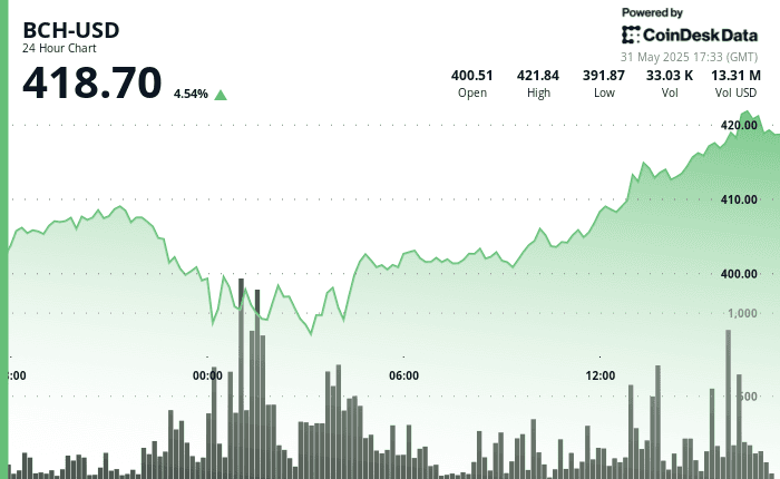 Bitcoin Cash (BCH) price chart showing a 24-hour recovery from $391 to $418 on May 31, 2025, with increasing trading volume throughout the day.