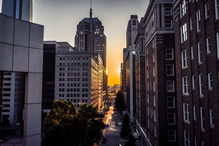 Golden hour in city