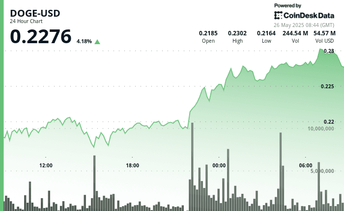DOGE 24-hour chart shows 4% gain and steady rise toward $0.23 on May 26, 2025