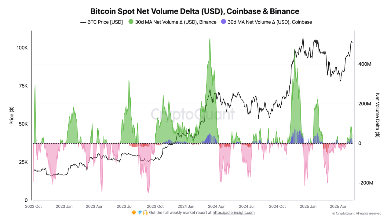 b0wtudi_c78f1cd97a526b5878f6fe42b0bf64c233971c3618499a3f4e1db667994caaed Bitcoin spot net volume on Coinbase and Binance.