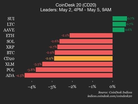 9am CoinDesk 20 Update for 2025-05-05: leaders chart