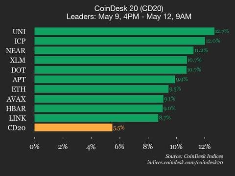 9am CoinDesk 20 Update for 2025-05-12: leaders chart