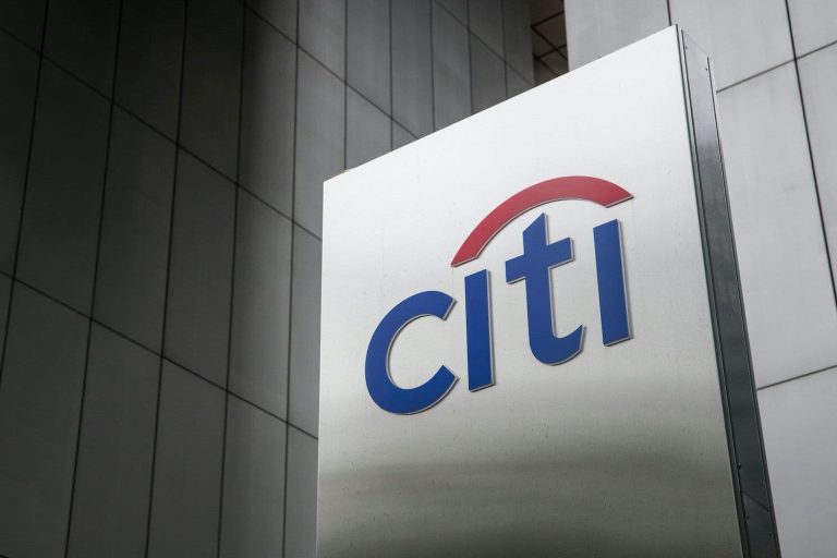Close up of Citigroup logo on the side of a building.