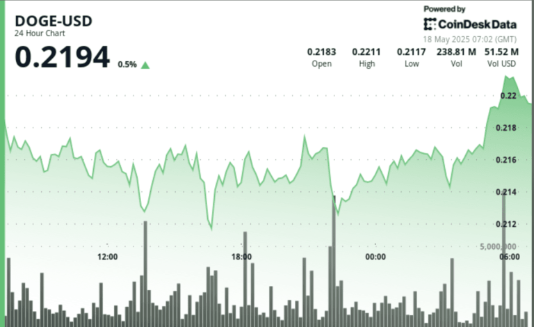DOGE-USD 24-hour chart shows 0.5% gain, ending at $0.2194 on May 18, 2025
