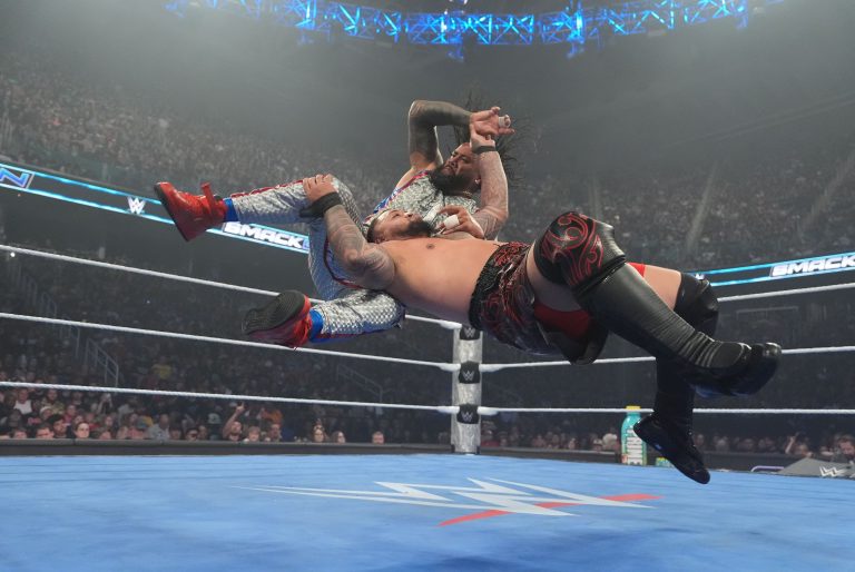 Solo Sikoa hits Jimmy Uso with a Samoan Drop during SmackDown. (Craig Ambrosio/WWE via Getty Images)