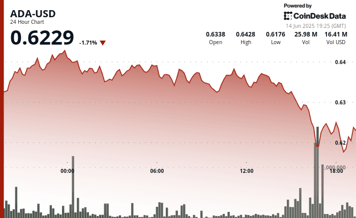 ADA fell from a high of $0.6428 to a low of $0.6176, recovering slightly to close near $0.6229