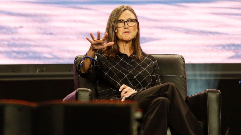 Ark Invest CEO Cathie Wood (Marco Bello/Getty Images, modified by CoinDesk)