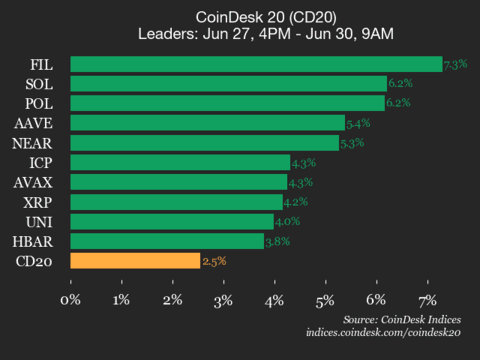 9am CoinDesk 20 Update for 2025-06-30: leaders chart