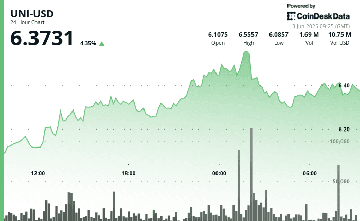 Uniswap (UNI) price chart showing 24-hour performance ending June 3, 2025, with intraday high near $6.56 and closing around $6.37