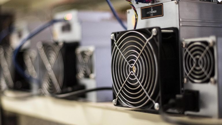 An Antminer bitcoin mining machine pictured in 2018. (Carlos Becerra/Bloomberg via Getty Images)