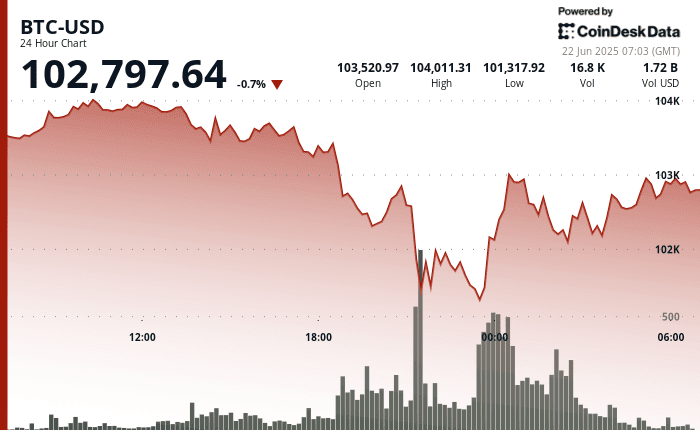 Bitcoin price chart showing low of $100,962, high of $103,970, and last price above $102,800