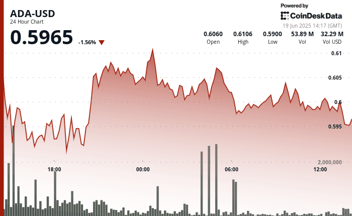 ADA price chart showing decline to $0.5965 with consolidation near $0.60 amid rising volume