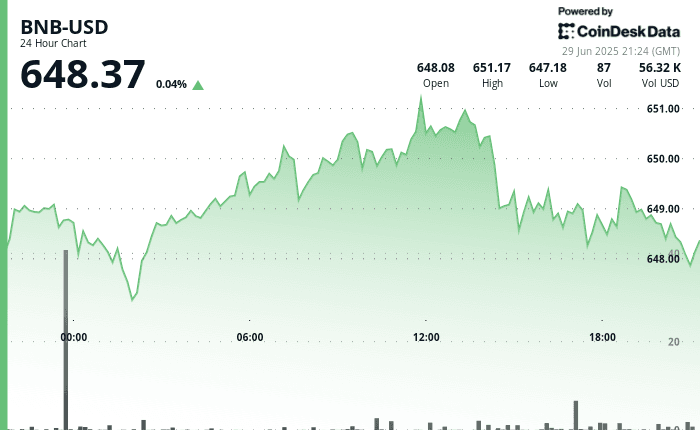 BNB trades above $648 on June 29 with modest intraday pullback