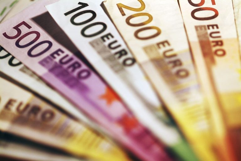 A selection of euro banknote of different denominations