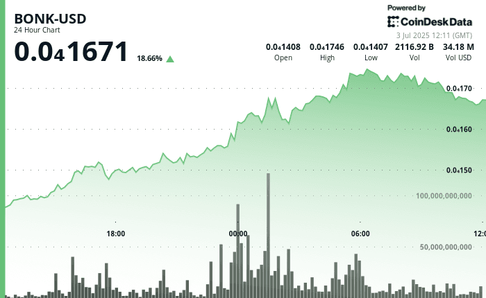 BONK's price. (CoinDesk)