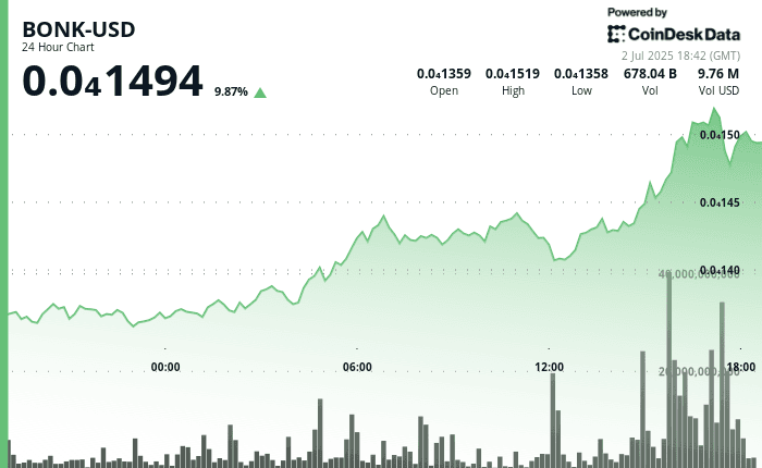 BONK 24H chart showing rally and sharp reversal