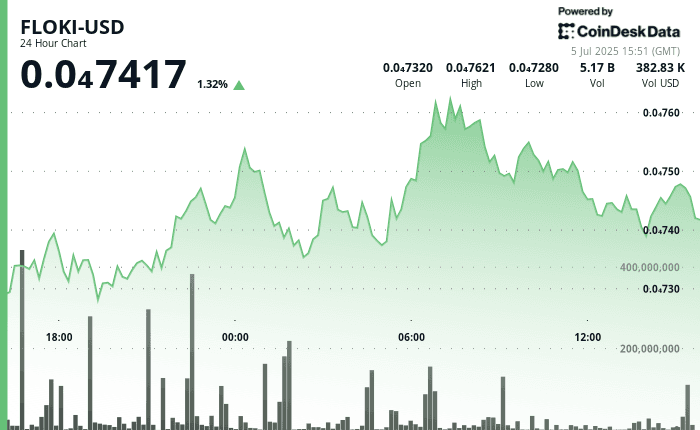 FLOKI gains 4.7% then consolidates below $0.000075