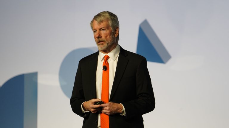 Strategy Executive Chairman Michael Saylor standing. (Nikhilesh De/CoinDesk))