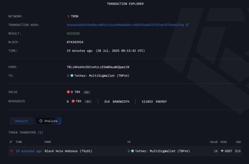 btc_e3dc8b $1 Billion USDT Minted on TRON | Source: Arkham on X