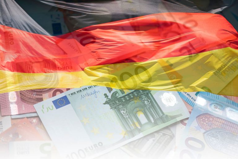 Flag of Germany with Euro notes.