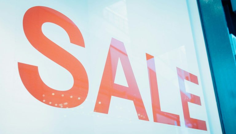 Sales sign in a shop window.