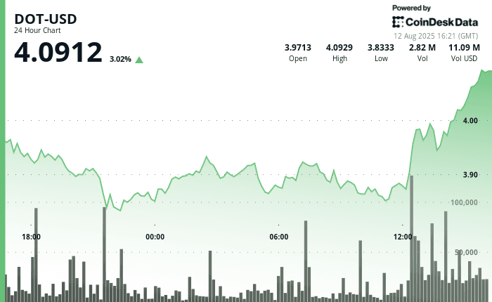 Chart showing Polkadot (DOT) price rising 2.65% over 24 hours to $4.06 with strong volume breakout above $3.92 resistance, indicating institutional buying and bullish momentum.