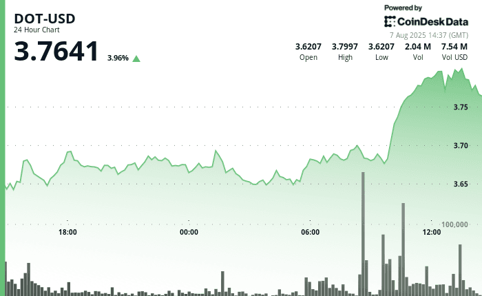 Polkadot (DOT) price chart showing a 4% surge to $3.78 on August 7 with triple average volume and resistance around $3.80 amid strong institutional buying and late-session profit-taking.