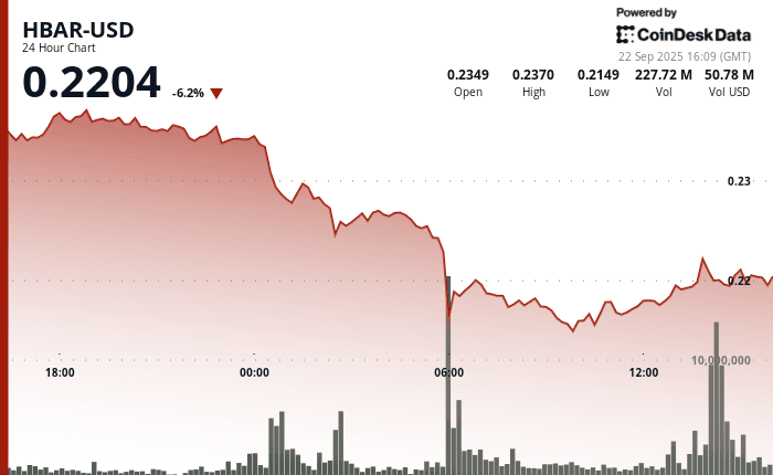 "Chart showing HBAR's sharp 6.29% price decline from $0.24 to $0.22 amid triple-volume selling pressure and a late 1% recovery rally."