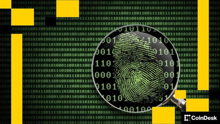 A magnifying glass shows a fingerprint displayed on a background of ones and zeroes.